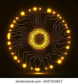 Abstract neon sign fingerprint with circuit board by circumference. Technology concept