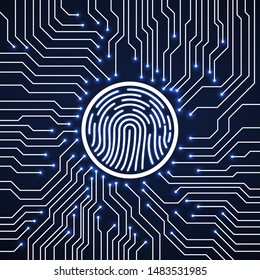 Abstract neon sign fingerprint on circuit board. Technology concept. Vector illustration