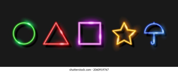 Abstract Neon Sign. Glowing Geometric Shapes Circle, Triangle, Square.