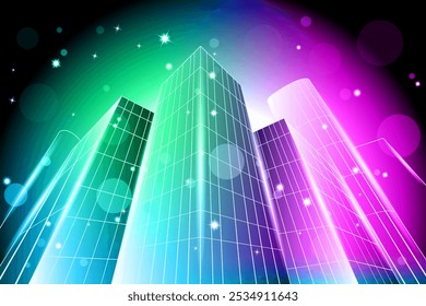 Abstract neon skyscrapers with sparks in perspective view. Glowing cityscape futuristic cyberpunk atmosphere. Nice urban background for poster, other digital designs.