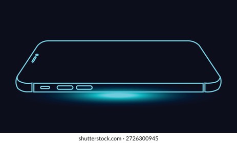 Abstract neon smartphone side view illustration glowing cyan on dark background ideal for mobile technology communication digital devices ui concepts and modern minimal design visuals