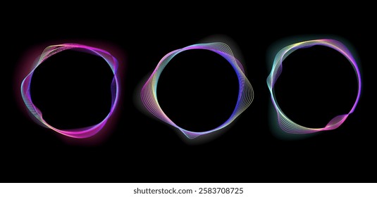 Abstract neon soundwave circles with smooth, glowing gradient lines set for banner,music visuals, audio equalizer, digital art, sci fi themes, tech branding, futuristic backgrounds.Vector illustration