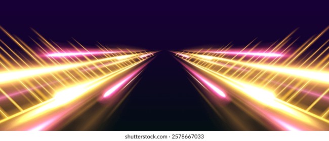 Abstract neon speed lines and glowing trails in blue, purple, and yellow, illustrating the rapid acceleration of light on a cosmic road, combining high-tech motion with futuristic designs.	