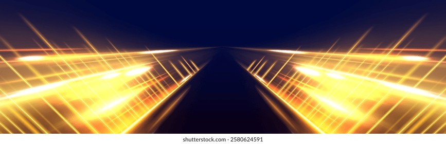 Abstract neon speed lines and glowing trails in blue, purple, and yellow, illustrating the rapid acceleration of light on a cosmic road, combining high-tech motion with futuristic designs.	