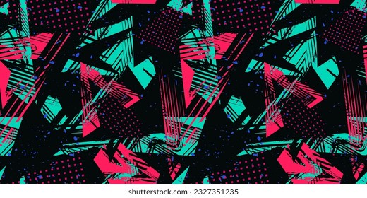 Abstract neon sporty seamless pattern. Urban street art. Grunge texture with chaotic lines, brush strokes, ink paint. Colorful graffiti style vector background. Pop art fashion. Trendy sport design