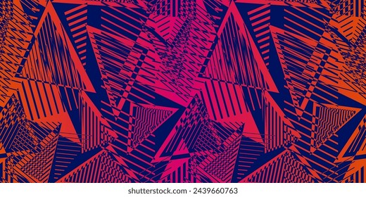 Abstract neon sporty seamless pattern. Urban street grunge texture with chaotic lines, strokes, triangles, ink paint. Colorful graffiti style vector background. Pop art fashion. Trendy sport design