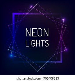 Abstract neon square electric frame. Techno Frame With Glowing On Dark Blue Backdrop. Vector clip art in 80s Style