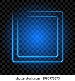 Abstract neon square frame, blue glowing border, vector illustration.