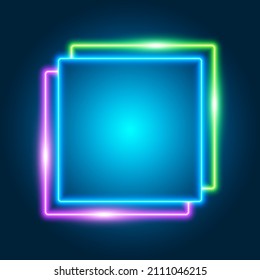 Resumen del marco cuadrado de neón, borde brillante azul, verde y morado, fondo azul oscuro, ilustración vectorial.