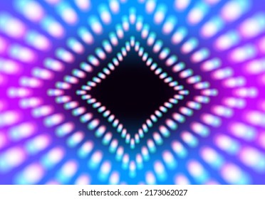 Abstract neon square with grid of glowing lights on the blue background.