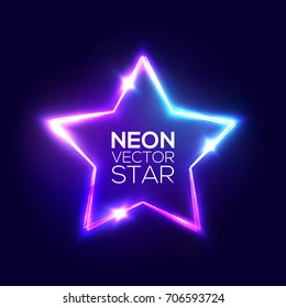 Abstract Neon Star. Electric Frame. Night Club Sign. 3d Retro Light Starry Signboard With Shining Neon Effect. Techno Glowing Frame On Dark Blue Backdrop. Colorful Vector Illustration in 80s Style.