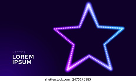 Abstract Neon Star Led Lights Glow Banner. Night Club Electric Frame Sign. Signboard With Shining Neon Star Effect. Glowing Frame On Dark Blue BG. Vector Illustration.