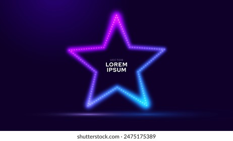 Abstrakte Neon Star LED Leuchten Leuchten Banner. In: Night Club Electric Frame Sign. Schild mit leuchtendem Neonstern-Effekt. Glühender Rahmen auf dunkelblauem BG. Vektorillustration.