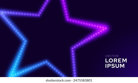 Abstract Neon Star Led Lights Glow Banner. Night Club Electric Frame Sign. Signboard With Shining Neon Star Effect. Glowing Frame On Dark Blue BG. Vector Illustration.