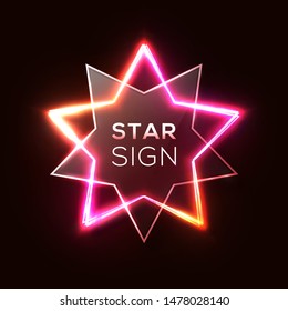 Abstract neon star with shiny glare plastic star shape plate. Night club casino electric frame. 3d retro light starry sign. Techno glowing signage on dark red background. Colorful vector illustration.