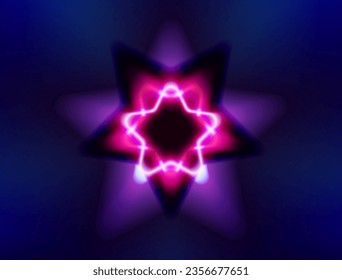 Abstract neon star with shiny glare star shaddow line shape. Night electric frame. 3d retro light starry sign. Techno glowing signage on dark purple background. Colorful vector illustration