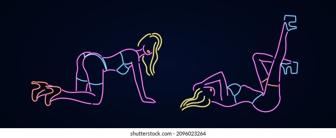 Abstract neon strippers in various poses. Linear glowing dancers kneeling and lying on their backs strip bar symbol with hot erotic dances and attractive sexy vector girls