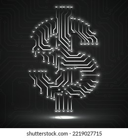 Abstract neon symbol dollar with circuit board. Technology sign. Vector illustration