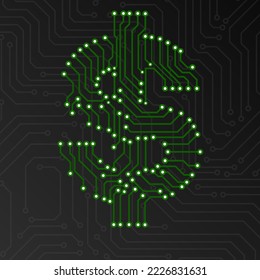 Abstract neon symbol dollar with circuit board. Technology sign. Vector illustration