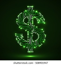 Abstract neon symbol of dollar with circuit board. Vector illustration eps 10