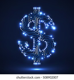 Abstract neon symbol of dollar with circuit board. Vector illustration eps 10