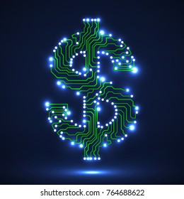Abstract neon symbol of dollar with circuit board. Vector illustration eps 10