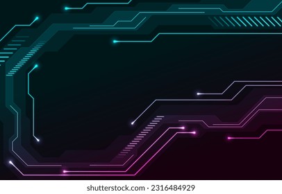 Abstract neon technology background with circuit board lines. Futuristic computer chip vector design