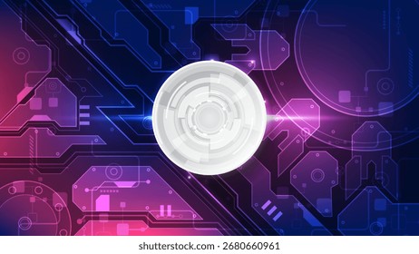 Abstract neon technology background featuring a glowing white tech core surrounded by purple and blue circuit patterns, perfect for digital innovation themes.