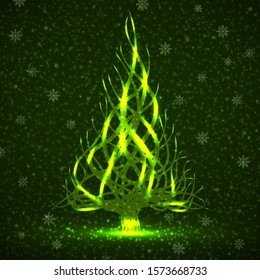 Abstract neon сhristmas tree with wavy lines. Vector illustration
