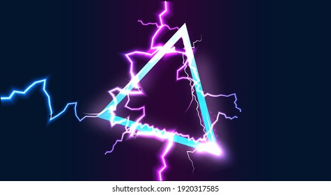 Abstract Neon Triangle Background With Lightning Effect. Vector.