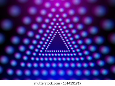 Abstract neon triangle with grid of glowing lights on th violet background