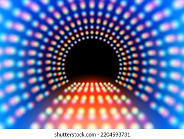 Abstract neon tunnel or stage with grid of glowing lights