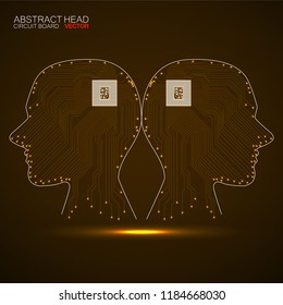 Abstract neon two human head with cpu, circuit board, vector illustration, eps 10
