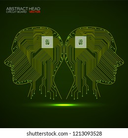 Abstract neon two human head with cpu, circuit board, vector illustration, eps 10