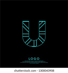 abstract neon U logo letter lines in cyan color design concept