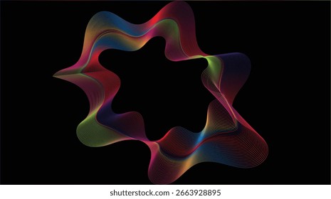 Linhas onduladas de vetor de néon abstrato em design de fundo preto.
