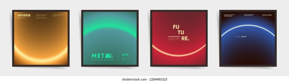 Abstract neon vertical square cover, gradient template design set for poster, social media post, book covers. Cyberpunk neon round gradient hi tech background. Vector neon waves black set.	