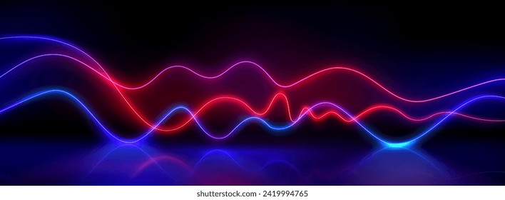 Abstract neon wave lines on black background. Vector realistic illustration of red and blue light curves glowing on dark stage with reflection on glossy floor, led illumination, disco club decoration