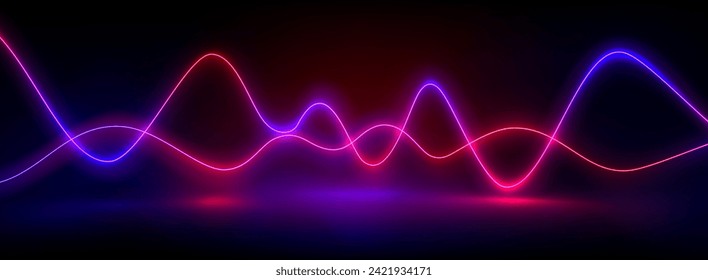 Abstract neon wave lines on black background. Vector realistic illustration of pink and blue light curves glowing on dark stage with reflection on glossy floor, led illumination, disco club decoration