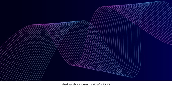 Abstractas líneas de onda de neón sobre un fondo degradado azul oscuro. Patrón digital futurista ideal para diseños tecnológicos, Anuncios, presentaciones, Fondos de pantalla y gráficos de Web modernos.
