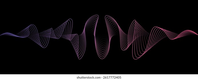 Abstract neon wavy dotted lines of the sound wave. Dynamic pulsating wave. Musical concept, symbols of the frequency of digital music. Vector illustration on a black background