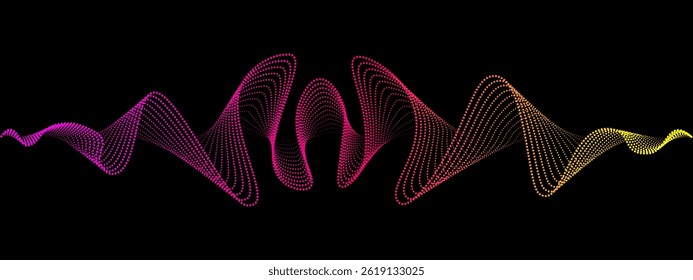 Abstract neon wavy dotted lines of the sound wave. Dynamic pulsating wave. Musical concept, symbols of the frequency of digital music Vector illustration on a black background