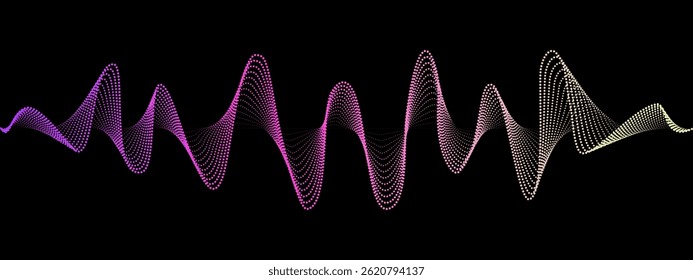 Abstract neon wavy dotted lines of the sound wave. Dynamic pulsating wave. Musical concept, symbols of the frequency of digital music. Vector illustration on a black background
