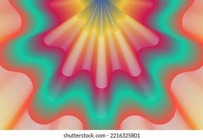 Abstract Neon Wavy Line Background. Heat Wave Radiation, Glowing Shells, Laser Beam, Fireworks. Design For Wallpaper, Backdrop, Pattern, Texture, Background, Textile, Wrapping, Clothing, Art Print.