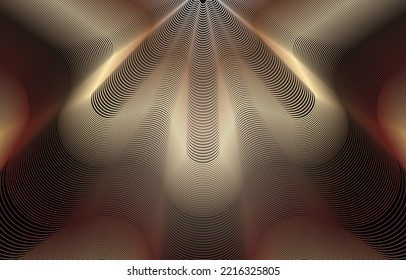 Abstract Neon Wavy Line Golden Copper Color Background. Heat Wave Radiation, Glowing Shells, Laser Beam, Fireworks. Design For Wallpaper, Backdrop, Pattern, Texture, Background, Textile. Vector Print.