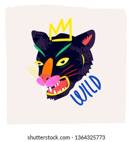 Abstract neon wild panther with crown. Hand drawn trendy illustration. Colorful logo. Perfect for textile print