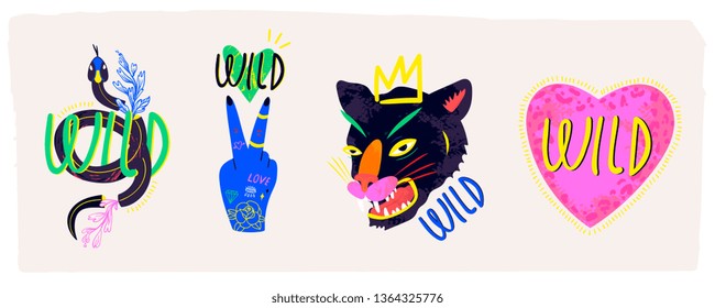 Abstract neon wild panther with crown, pink heart, snake and blue hand. Hand drawn trendy illustration. Set of four colorful logos. Perfect for textile prints. All elements are isolated