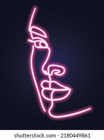 Abstract Neon Woman Portrait Linear Art Over Dark Background. Vector Illustration