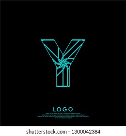 abstract neon Y logo letter lines in cyan color design concept