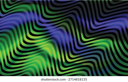 Abstrato padrão ondulado neon-iluminado em cores verde e roxo em um fundo escuro.